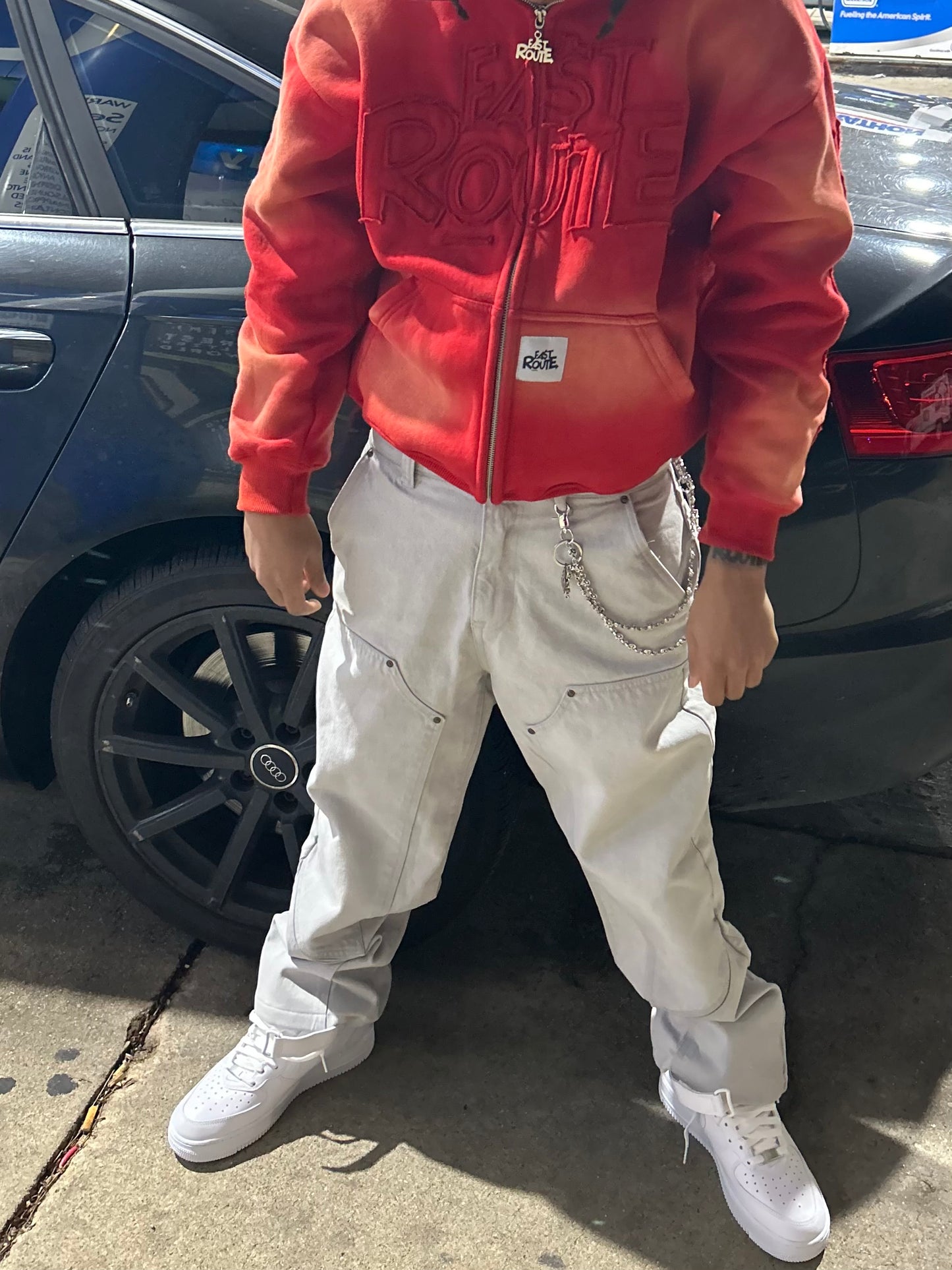 Acid Washed Red Zip-Up Hoodie