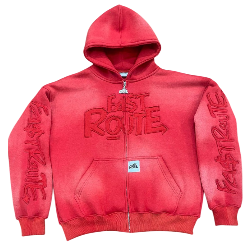 Acid Washed Red Zip-Up Hoodie