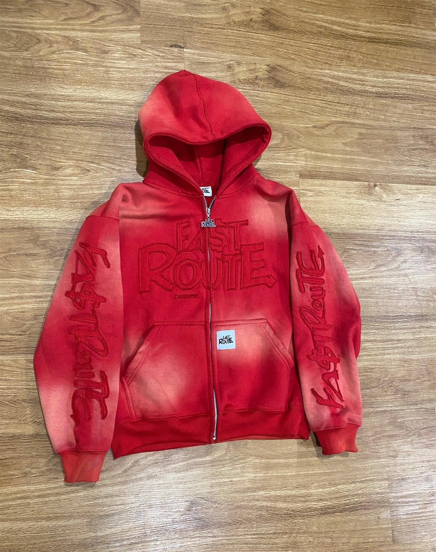 Acid Washed Red Zip-Up Hoodie