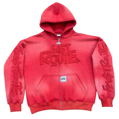 Acid Washed Red Zip-Up Hoodie