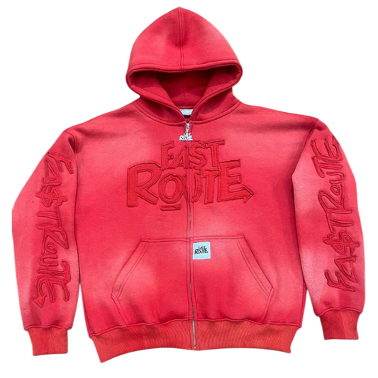 Acid Washed Red Zip-Up Hoodie