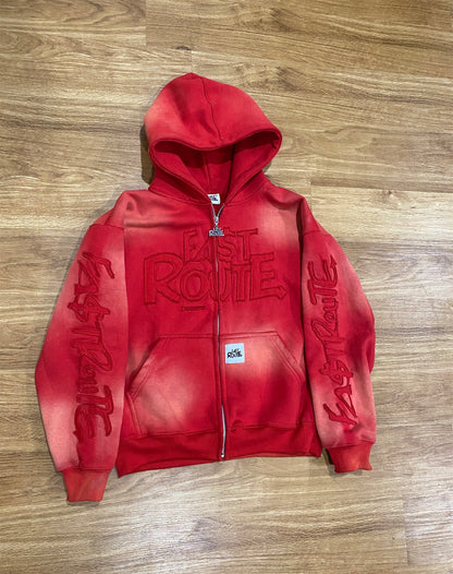 Acid Washed Red Zip-Up Hoodie